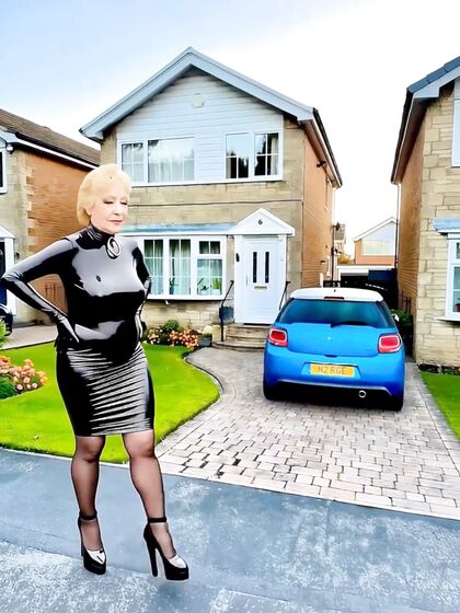 Cathy Shiny Rubber Latex Dress High Heels Slut Public Walk