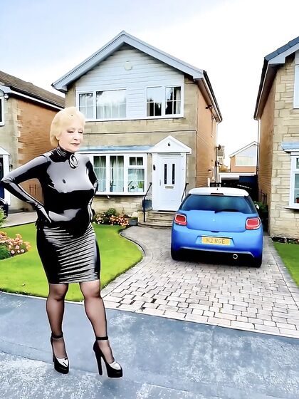 Cathy Shiny Rubber Latex Dress High Heels Slut Public Walk