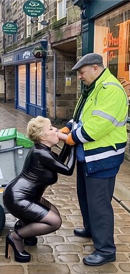Cathy Shiny Latex Cum Slut in Public Street Sucking off Cock